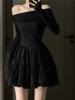 One-word Shoulder Niche Thin Short Skirt Temperament Black Design Wrinkled A-word Skirt Long-sleeved Dress Spring and Autumn Women
