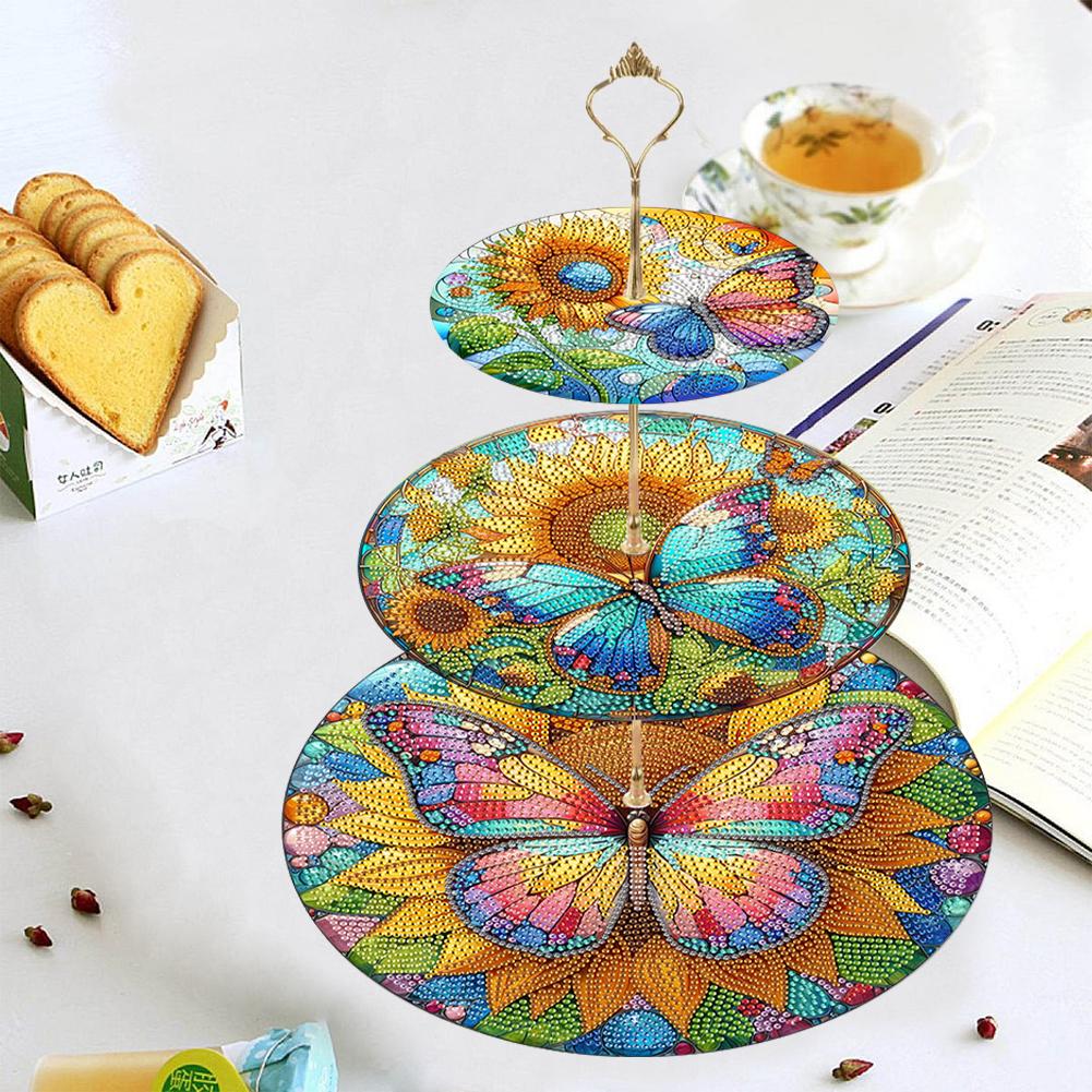 3 Tier Acrylic Butterfly Sunflower Colorful Diamond Food Dinner Plate DIY Diamond Painting Food Tray for Desk Coffee Table