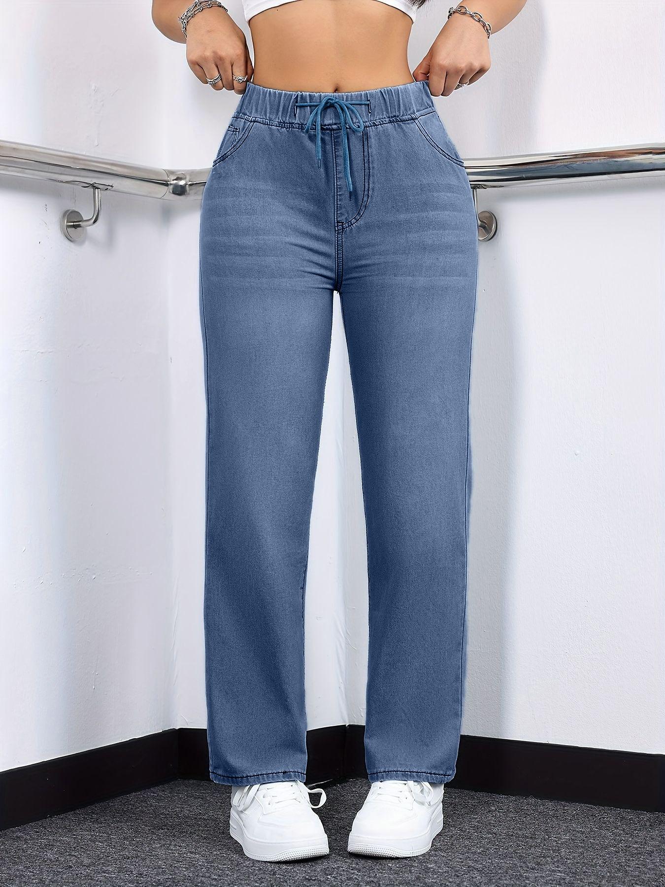 Women s Plus Size Stretch Denim Jeans with Elastic Drawstring Waistband - Washed Blue Casual Style XL
