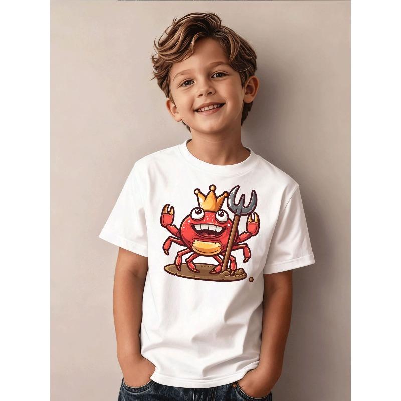 Boys Crown King Crab Print Black Crewneck Short Sleeve Tee 110 белый