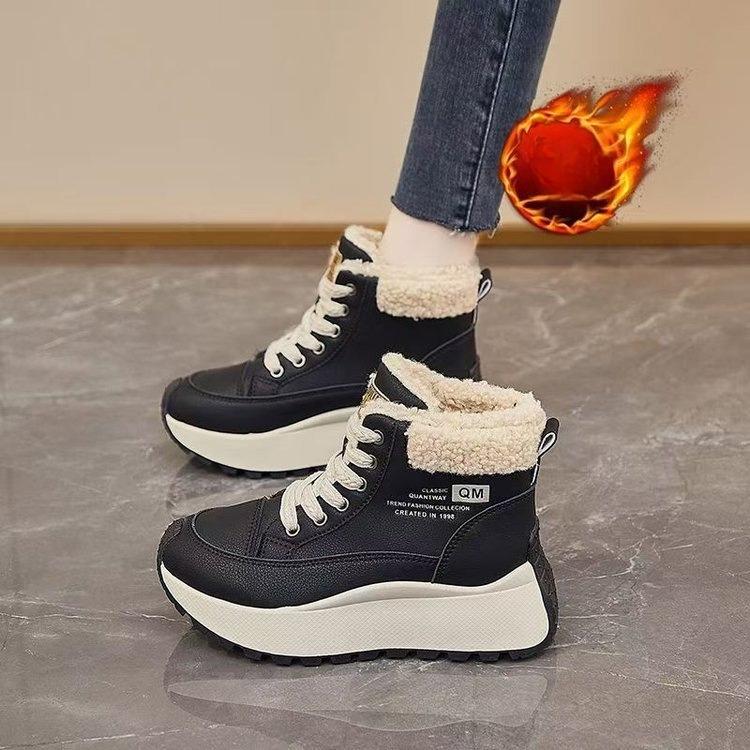 Women Leather Thick Sole Ankle Snow Boots Winter Plush Thickened Warm Outdoor Waterproof Non Slip High Top Lace Up Cotton Boots