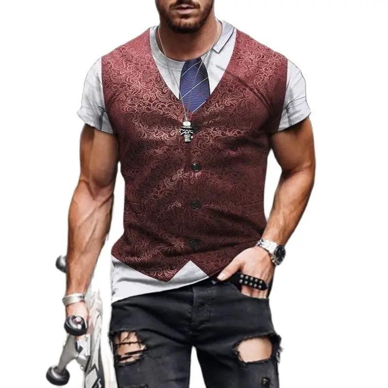 Letní pánská falešná dvoudílná trička s kulatým výstřihem Ležérní volný střih Vhodné pro outdoor Všestranné trendové tričko