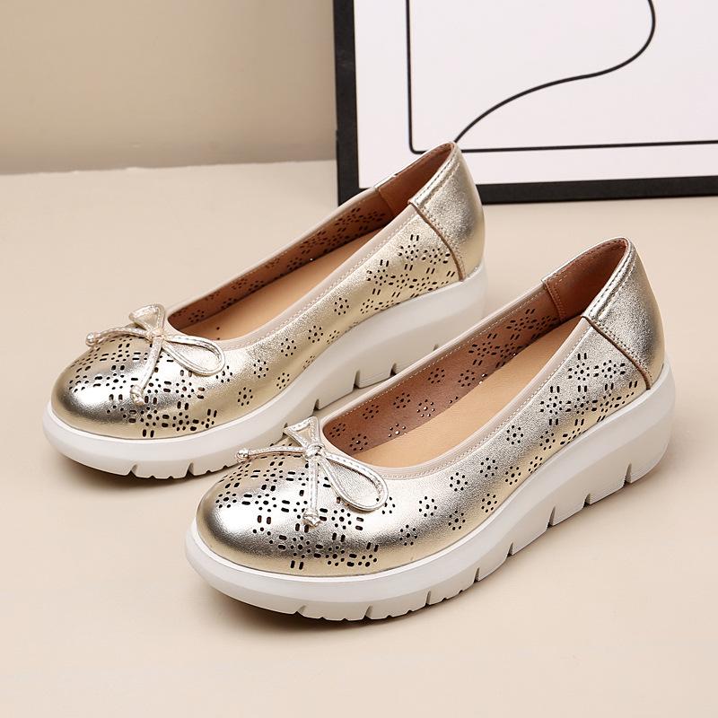 

Модная обувь для женщин больших размеров, женские слипоны на среднем каблуке, туфли-платформы, женские туфли-клинья с круглым носком, с бантом и перфорацией 35 золотой