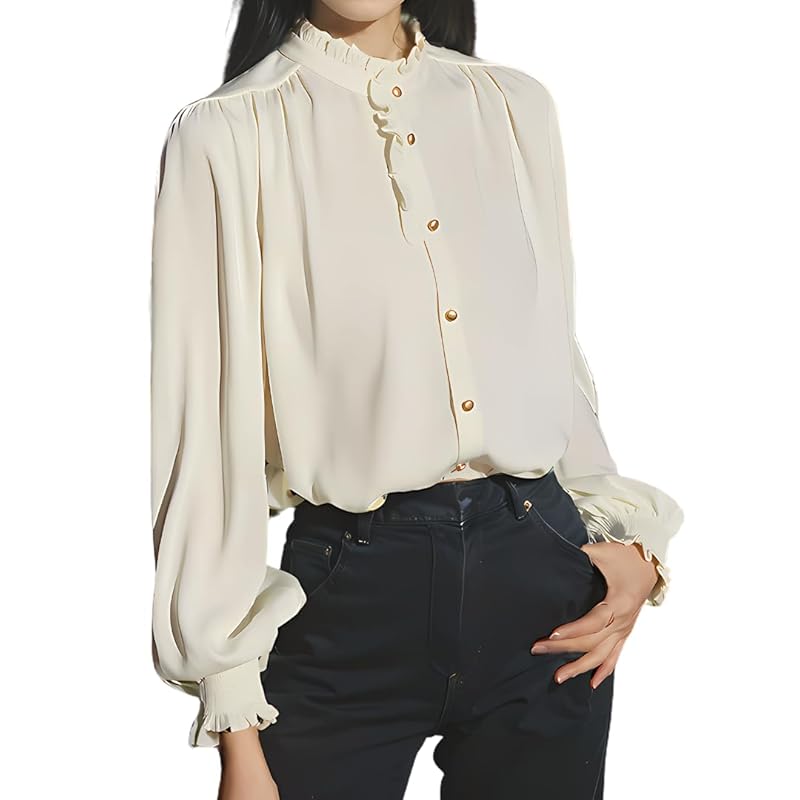 

[ROSELUCA.] [Looks great with just one piece] stand ruffle neck blouse ladies candy sleeve silk look Elegant spring stand-up collar Relaxing