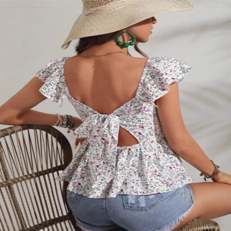 Womens Summer Floral Square Neck Lace Up Fitted Vacation Blouse