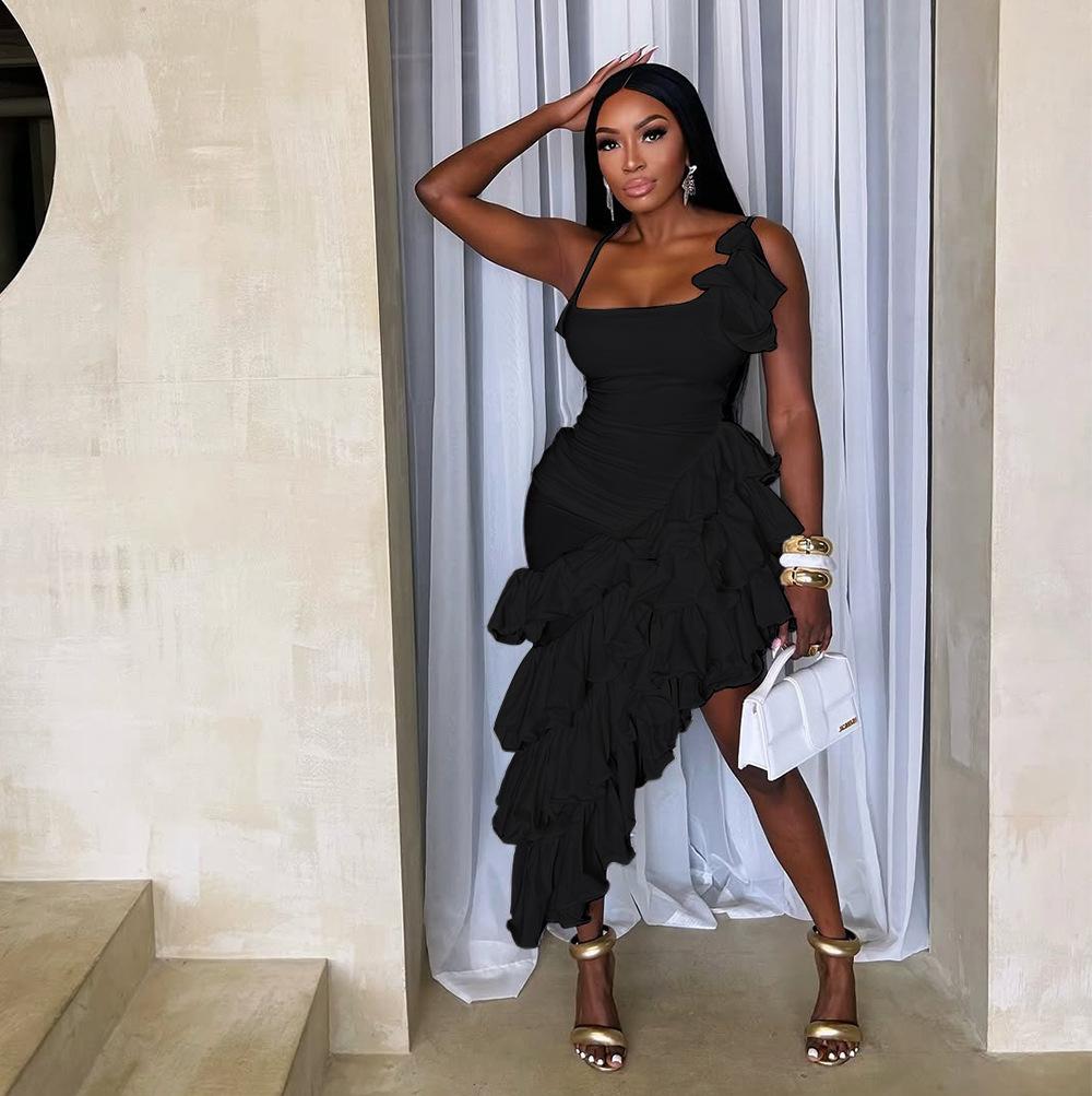 

Женское платье-халтер с нерегулярными оборками XXL чёрный