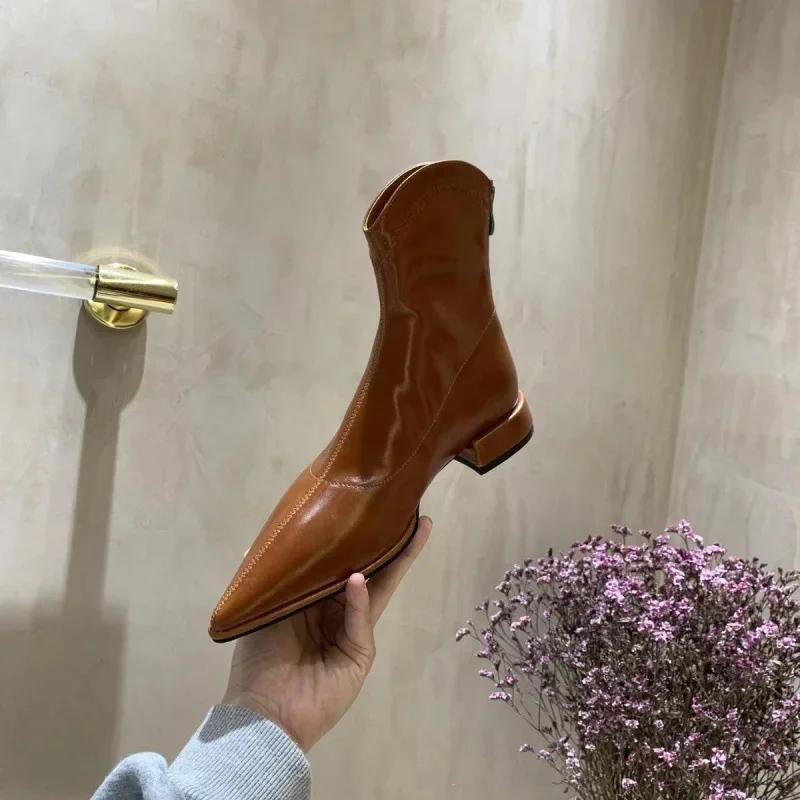 Black Slimming Pointed Toe Flat Bottom Short Boots Women Spring Autumn Low Heel PU Leather Booties Fashionable And Comfortable 35 коричневый