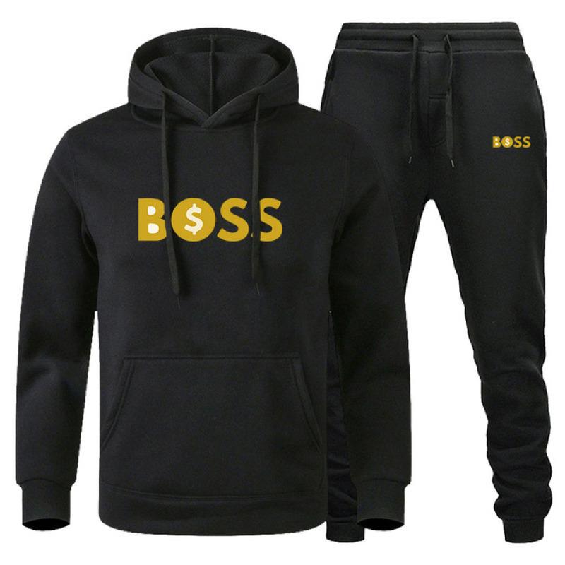 Wealthmark Men Hoodie & Jogger Set, Minimal Golden Bold Letter with Currency Icon Motif Print, Thick Fleece Sport Outfit for Light Outdoor Strolls
