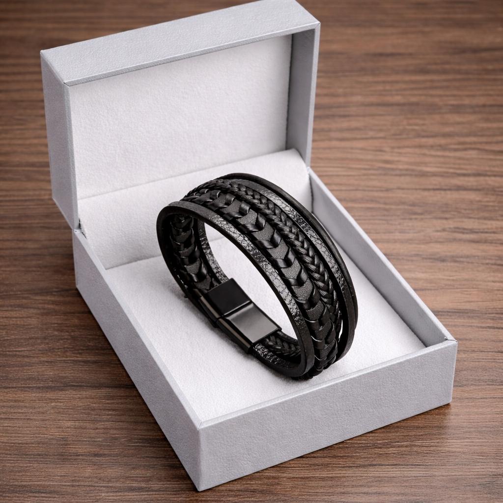 Men' Black Braided Magnetic Leather Bracelet for a Gift, Titanium