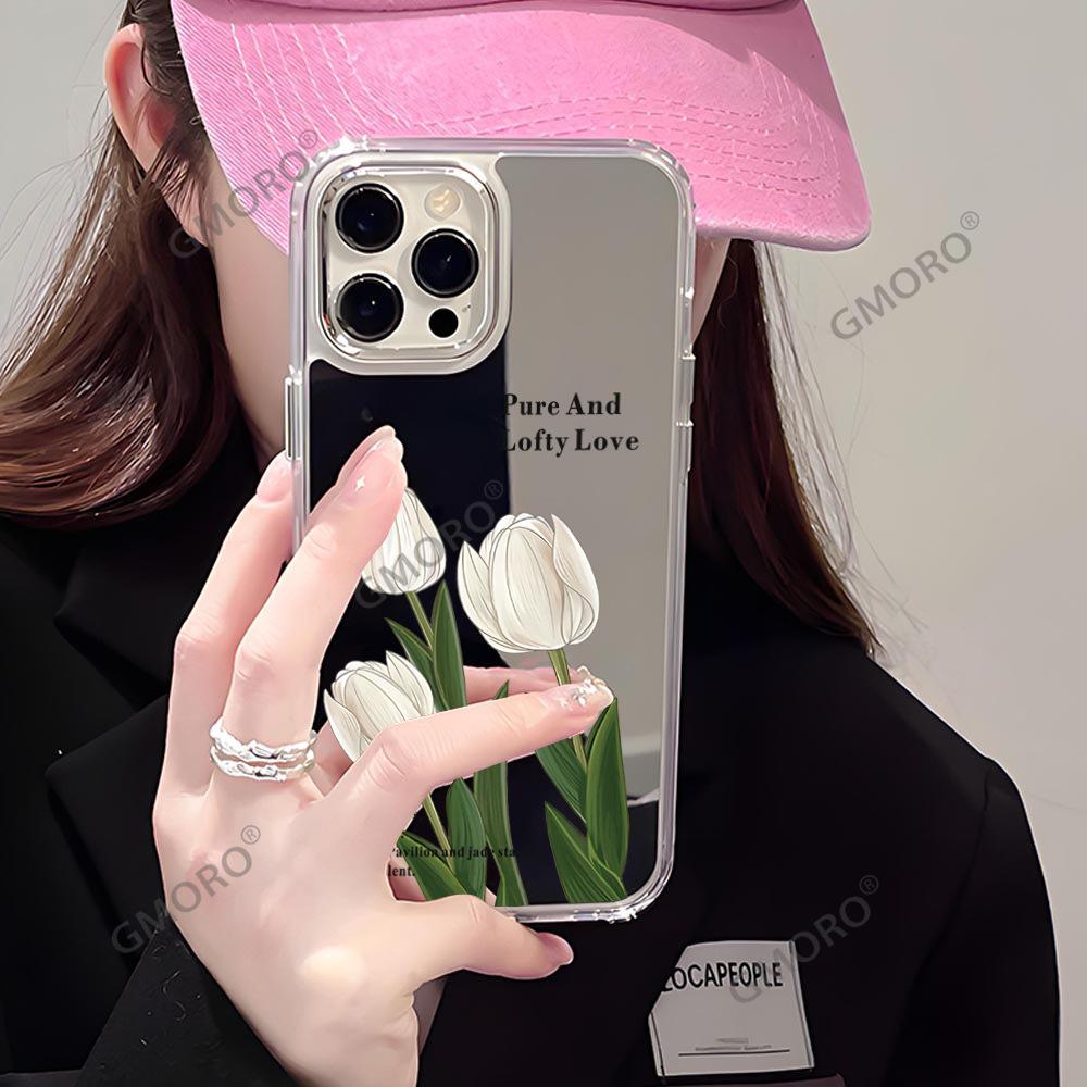 Foreign Trade Hot-selling Tulip Flower Apple 17 with Mirror Mobile Phone Case Iphone16 Mirror Mobile Phone Case 15 Girls