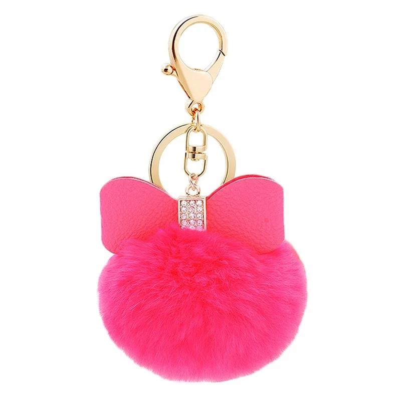 2024 Custom Bow Cute Keychain Faux Rabbit Fur Ball Key Chain Fur Pompoms for Car Bag Key Ring Key Chain