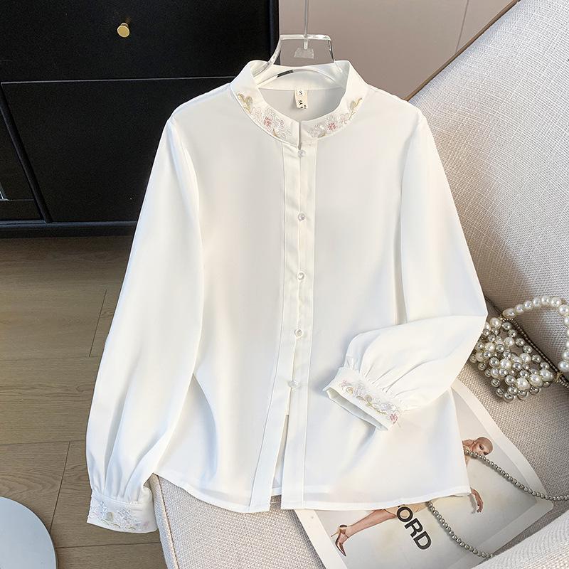 

Рубашка ханьфу в ретро национальном стиле с вышивкой, застежкой на пуговицы-лягушки и воротником-стойкой, с длинным рукавом L белый