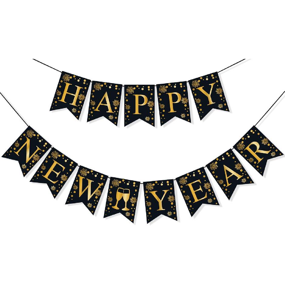 Happy New Year Banner 2026 New Years Eve Party Supplies Black and Gold Party Decorations with Pattern Firework Champagne for Photo Booth Backdrop NYE