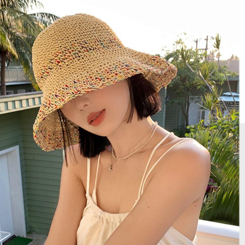 Breathable Crochet Straw Bucket Hat for Women - Vintage Style, Wide Brim, Foldable Sun Protection Fisherman Cap