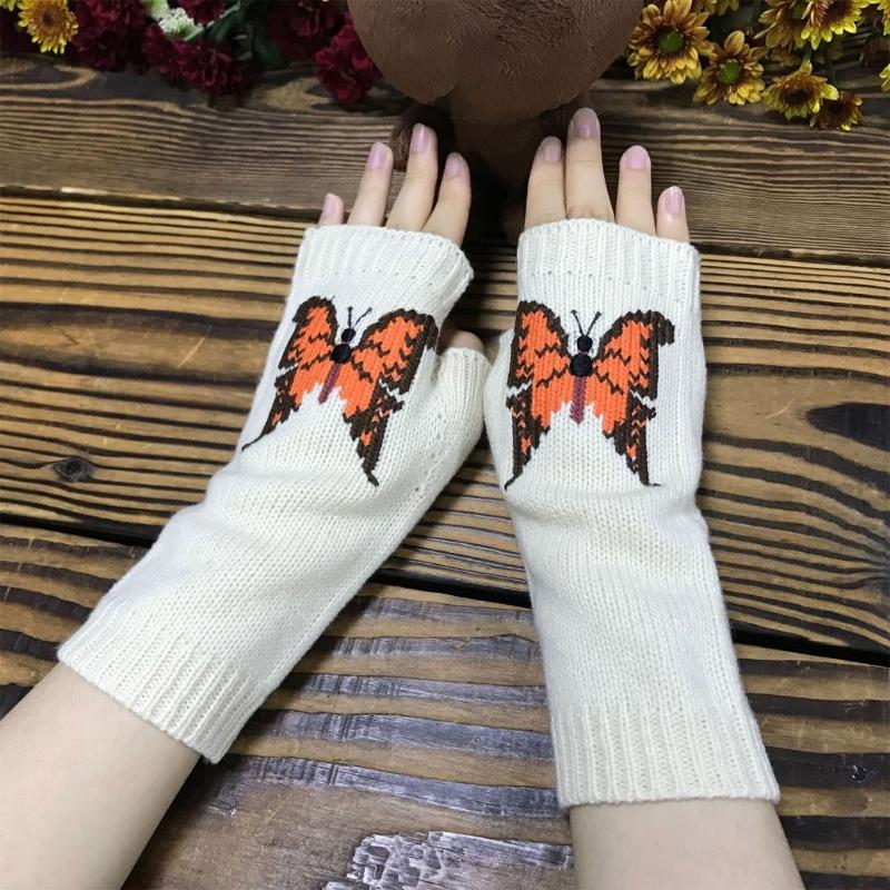 Embroidery Butterfly Pattern Knitted Gloves Winter Half Finger Thicken Warm Christmas Long Gloves for Girlfriend