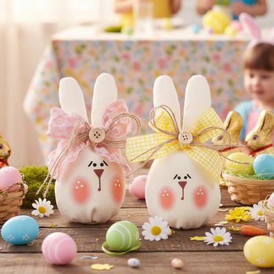 Easter Bunny Tabletop Ornament Cute Plush Rabbit Decorations with Bow Soft Fabric Table Accent