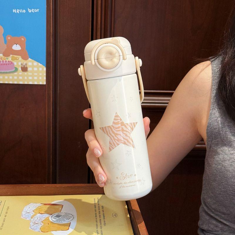 Cute Large-Capacity Thermos Cup for Girls, High-Looking New Style 316 Stainless Steel Water Cup with Straw and Handle