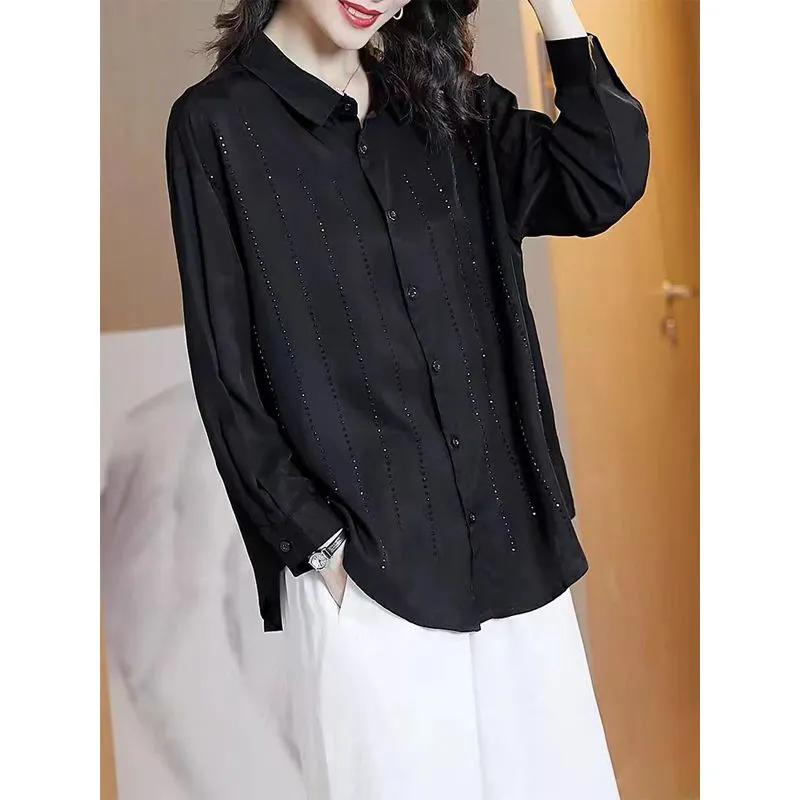 WTEMPO Black High End Shirts Women Spring Summer Stylish Long Sleeve Loose Large Size Turn-down Collar Button Tops