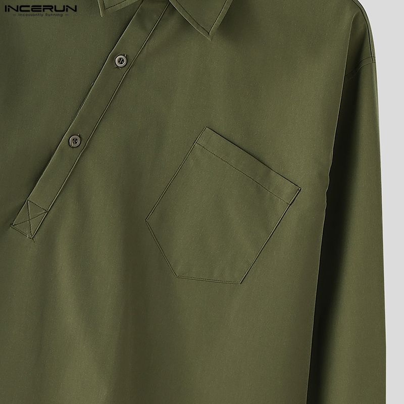INCERUN Men Lapel Neck Long Sleeve Solid Color Casual Loose Shirts Tops
