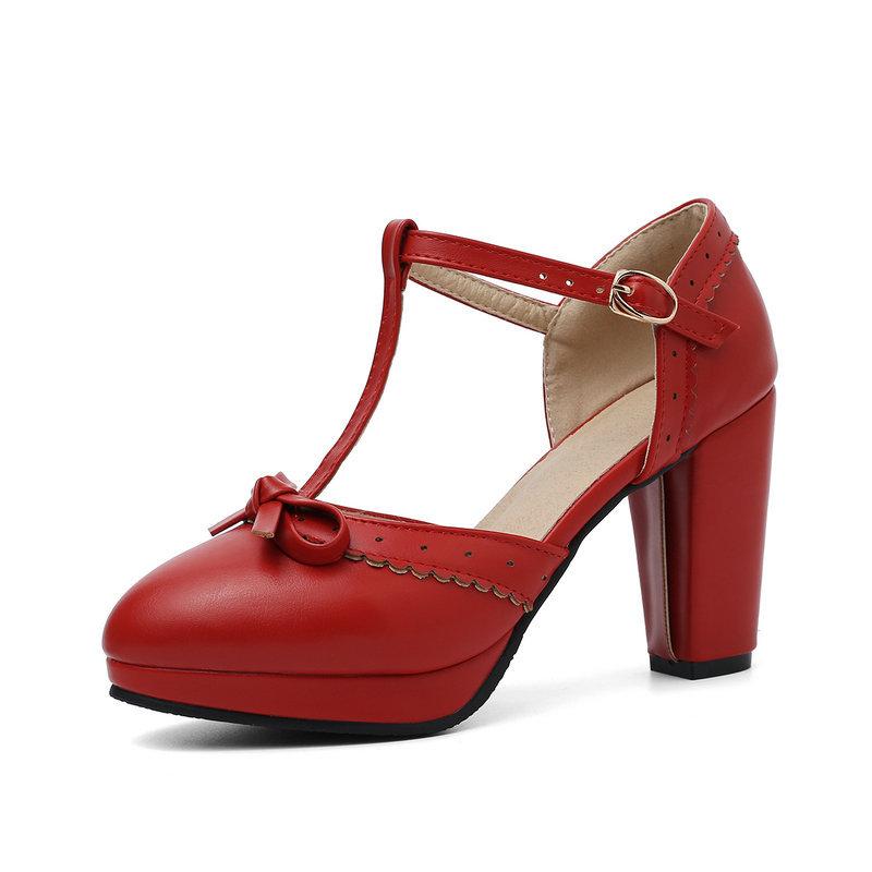 Talla Grande 33-43 Zapatos de Tacón Dulces con Lazo Vintage Gruesos para Mujer Damas Tacones Altos Calzado de Fiesta Boda Baile de Graduación Zapatos de Niña