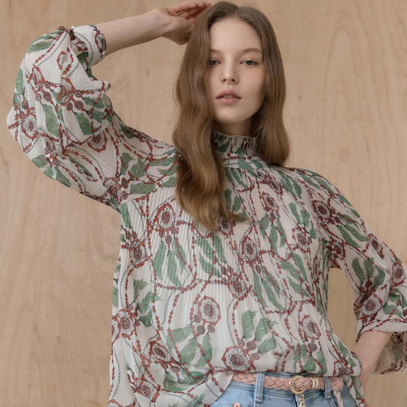 MAXZA Dreamcatcher Print Pleats High Neck Chiffon Blouse Cc05qb600on