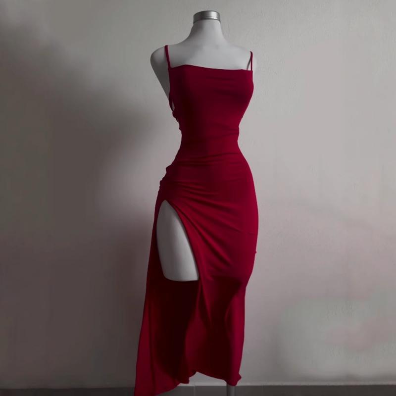 Sexy Backless Lace Up Split High Waist Slim Long Suspender Party Dress For Women