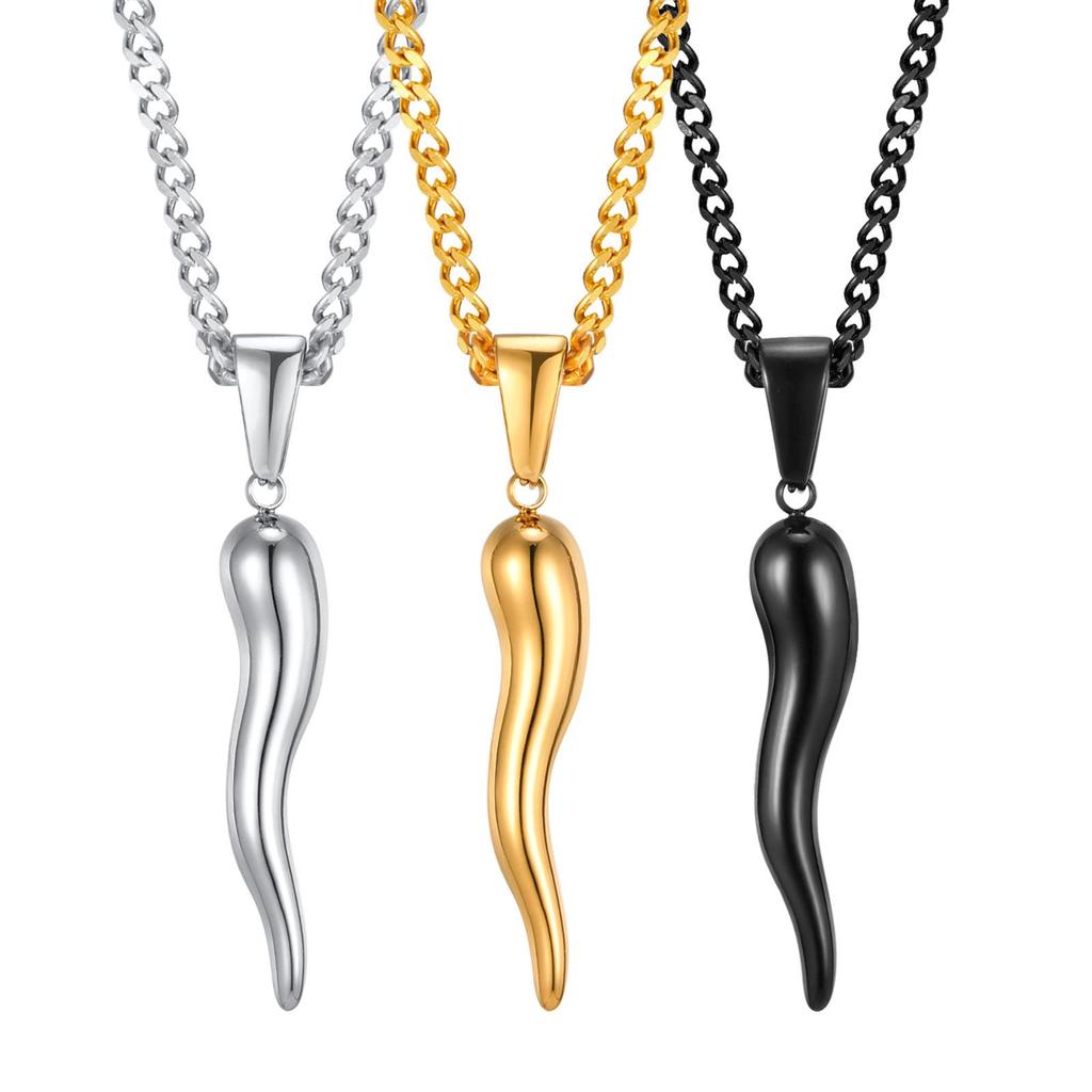 Men's Black Stainless Steel Italian Horn Pendant Necklace - Quanxi Water PN1503