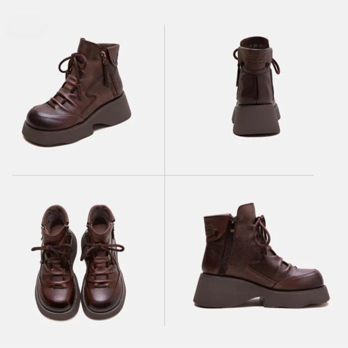 Johnature Genuine Leather Retro Wedges Short Boots With Side Zipper Thick Soled Versatile Women's Boots