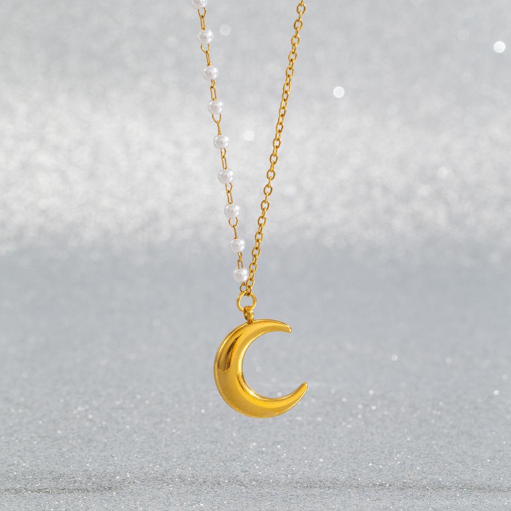 Crescent Moon Necklace for Women, Asymmetrical Chain Fashion Statement Polished Charm Pendant, Stainless Steel Hypoallergenic