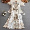 Vintage Printed Lace Dress for Woman Oversized Long Sleeve Fitted Waist Loose Long Casual Dresses