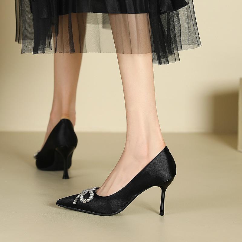 1-Sexy suede bow rhinestone single shoes women's winter new pointed stiletto high heels