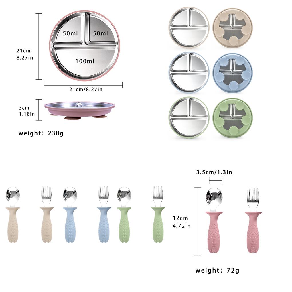 New Stainless Steel Plate With Silicone Shell Feeding Plates For Toddlers Suction Cup Bowl Kids Plates Dinner Sets Gift Box 2Set