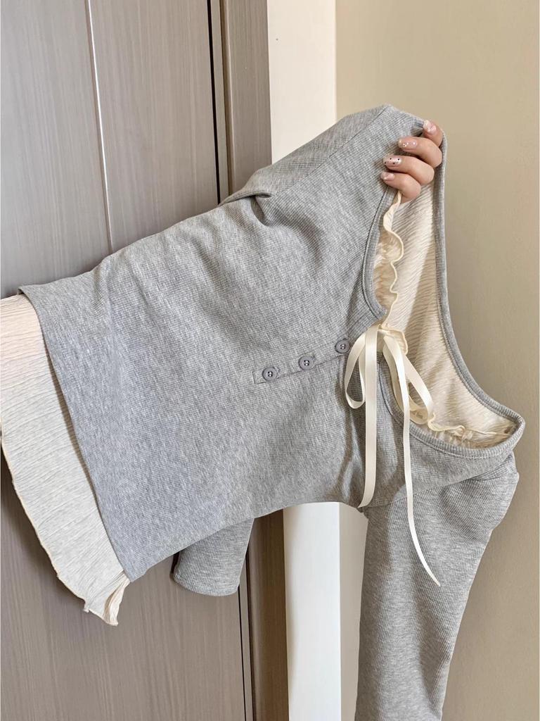 Women's Stylish White Slim Fit Long Sleeve Faux Two-Piece Top for Early Autumn