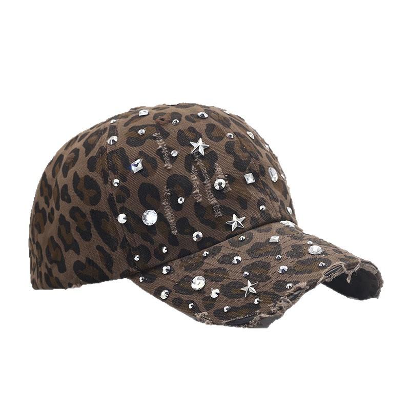 Strass-Baseballkappe mit Rissen Damenmode Klassische Kappe mit Leopardenmuster Trend Vielseitiger Sonnenhut