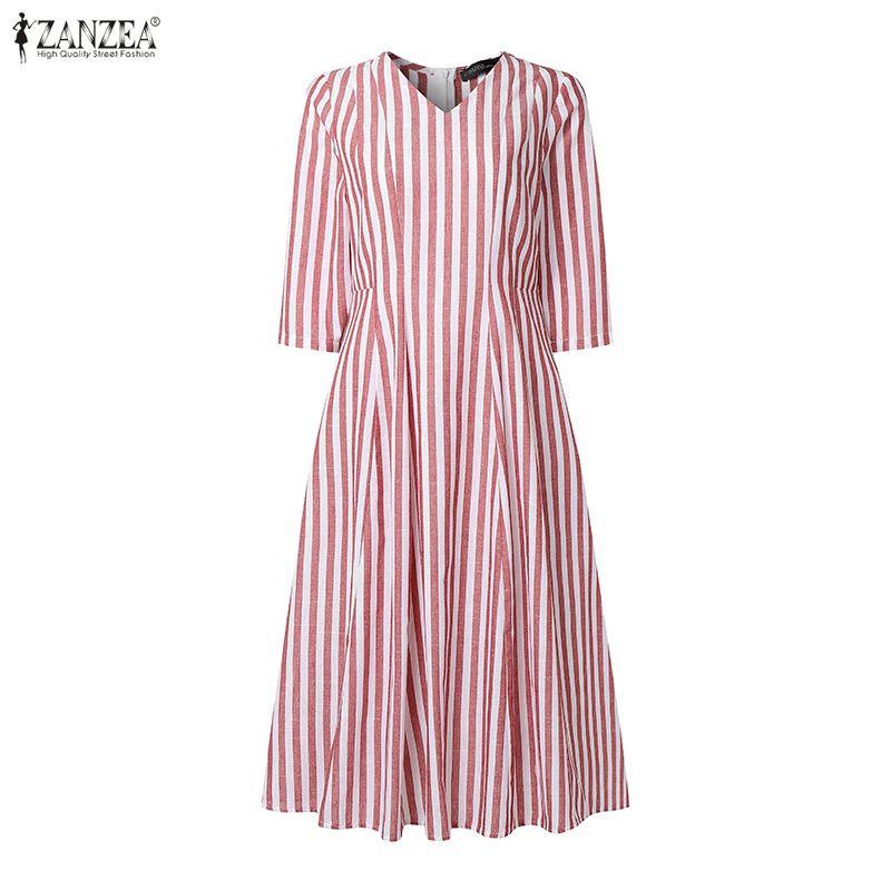 ZANZEA Vestido informal holgado de rayas con escote en V y mangas 3/4 para mujer