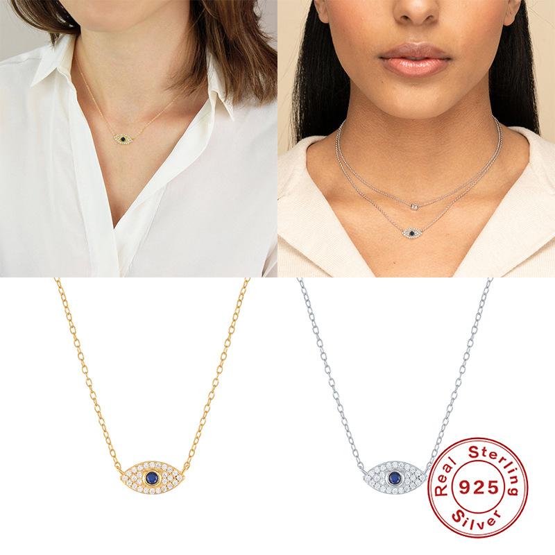 Collier Classique en Argent Sterling S925 Œil Bleu Diamant Vent Collier Pendentif Œil du Diable Collier Clavicule