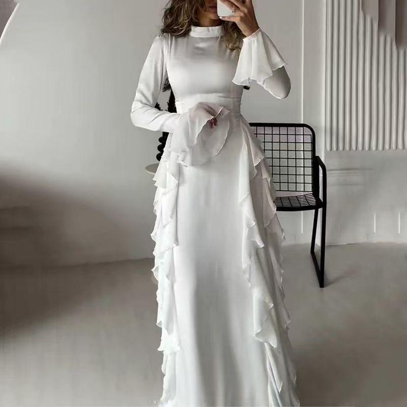 Western Style New Fashion Temperament Lace Half-high Collar Bell Sleeve Dress Flared Sleeve Dress