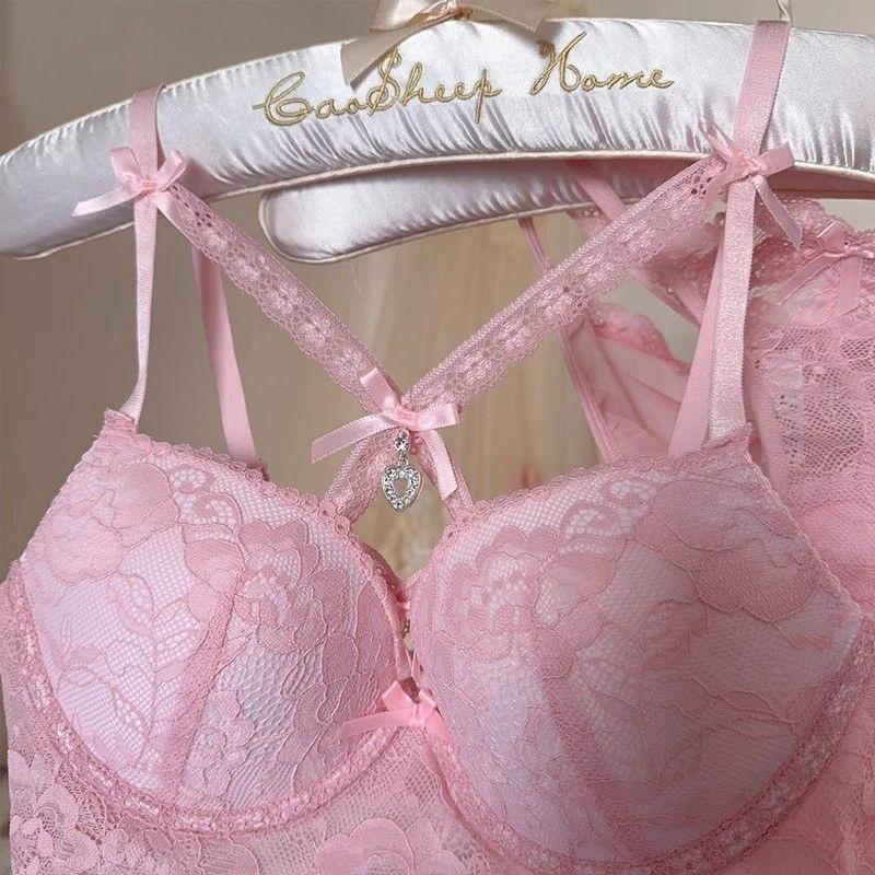 Japanese pure desire to wear lace underwear women's cross dew belt love pendant no steel ring gathering bra cover set