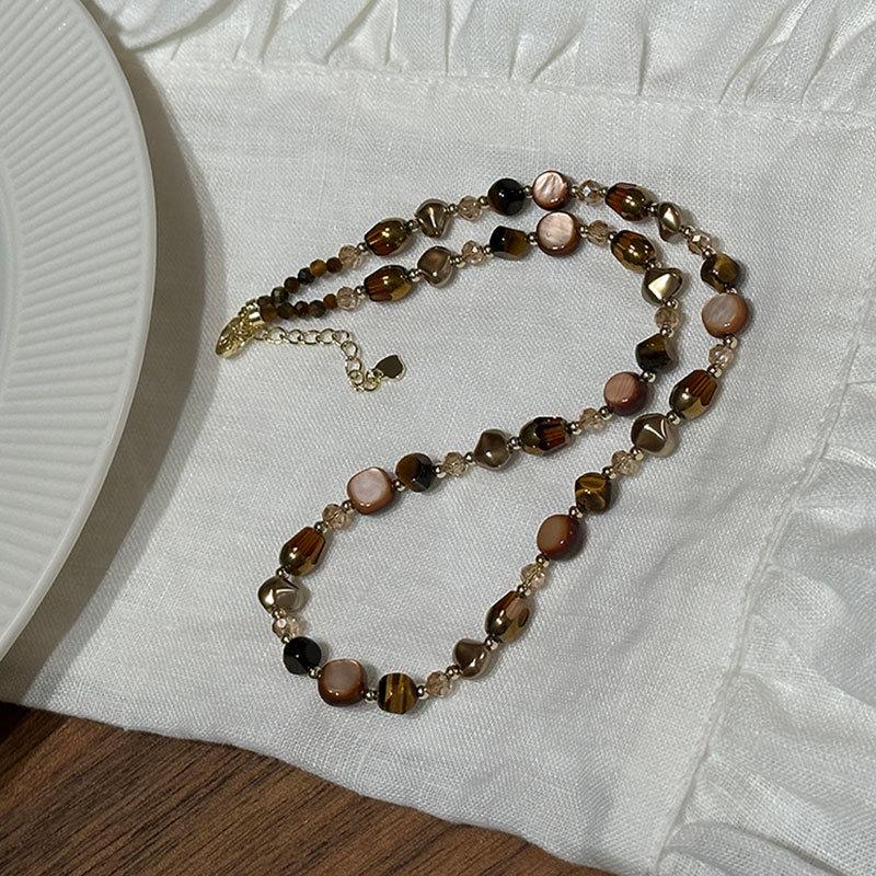 Náhrdelník z přírodního kamene Tygří oko s korálky pro ženy - Y2K Retro Módní Choker a Svetrový řetízek