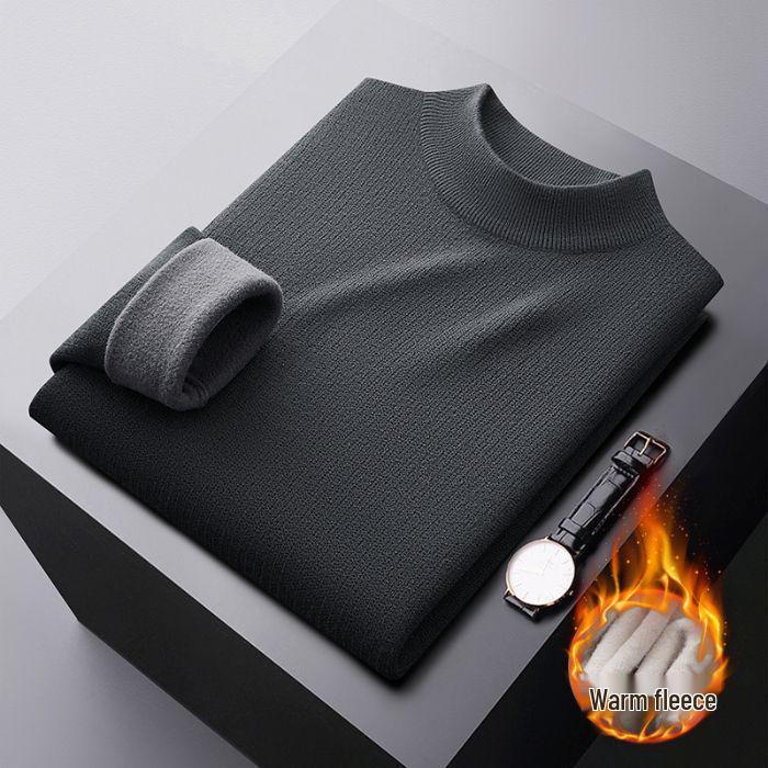 Men's Plus Velvet Half-High Collar Knit Sweater - Anti-Pilling Dobby Fleece, Solid Color for Autumn/Winter