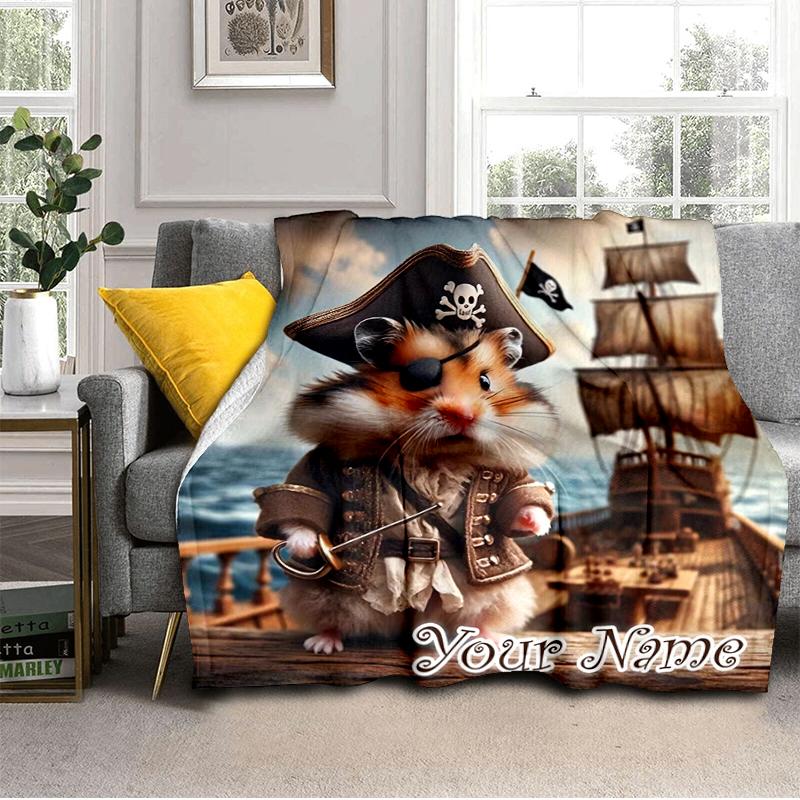 1PC Custom Name Pirate Hamster Adventure flannel blanket versatile, all-season throw suitable for the living room, bedroom, camping, travel, and gift
