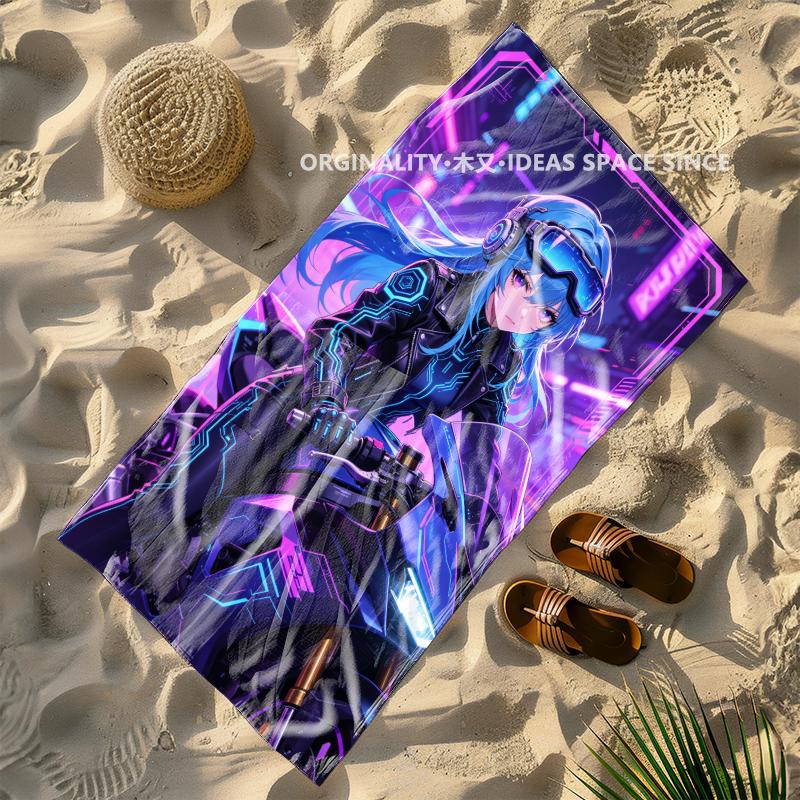 Cyberpunk Anime Girl Moto Beach Towel Patterned Sunscreen And Windproof Suitable For Swimming Pool Camping Travel
