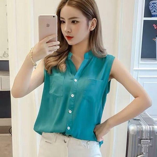 Dámské ležérní volné tričko bez rukávů v jednobarevné barvě s velkou kapsou, jednoduchá a svěží vesta s výstřihem do V