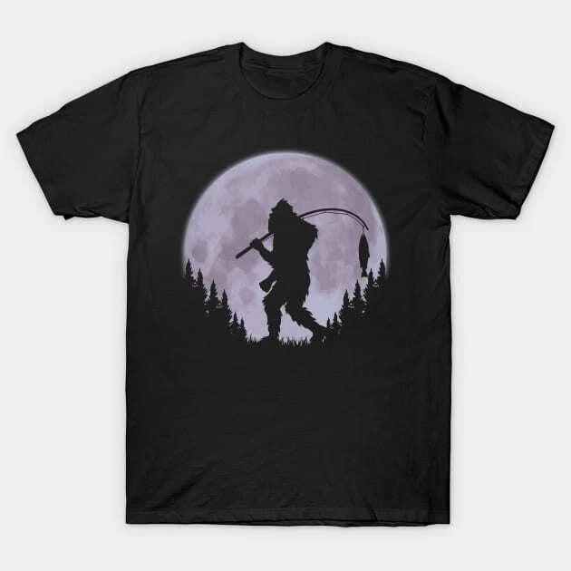Bigfoot Fishing Moon Funny Sasquatch And Fish Made in Australia T-Shirt S