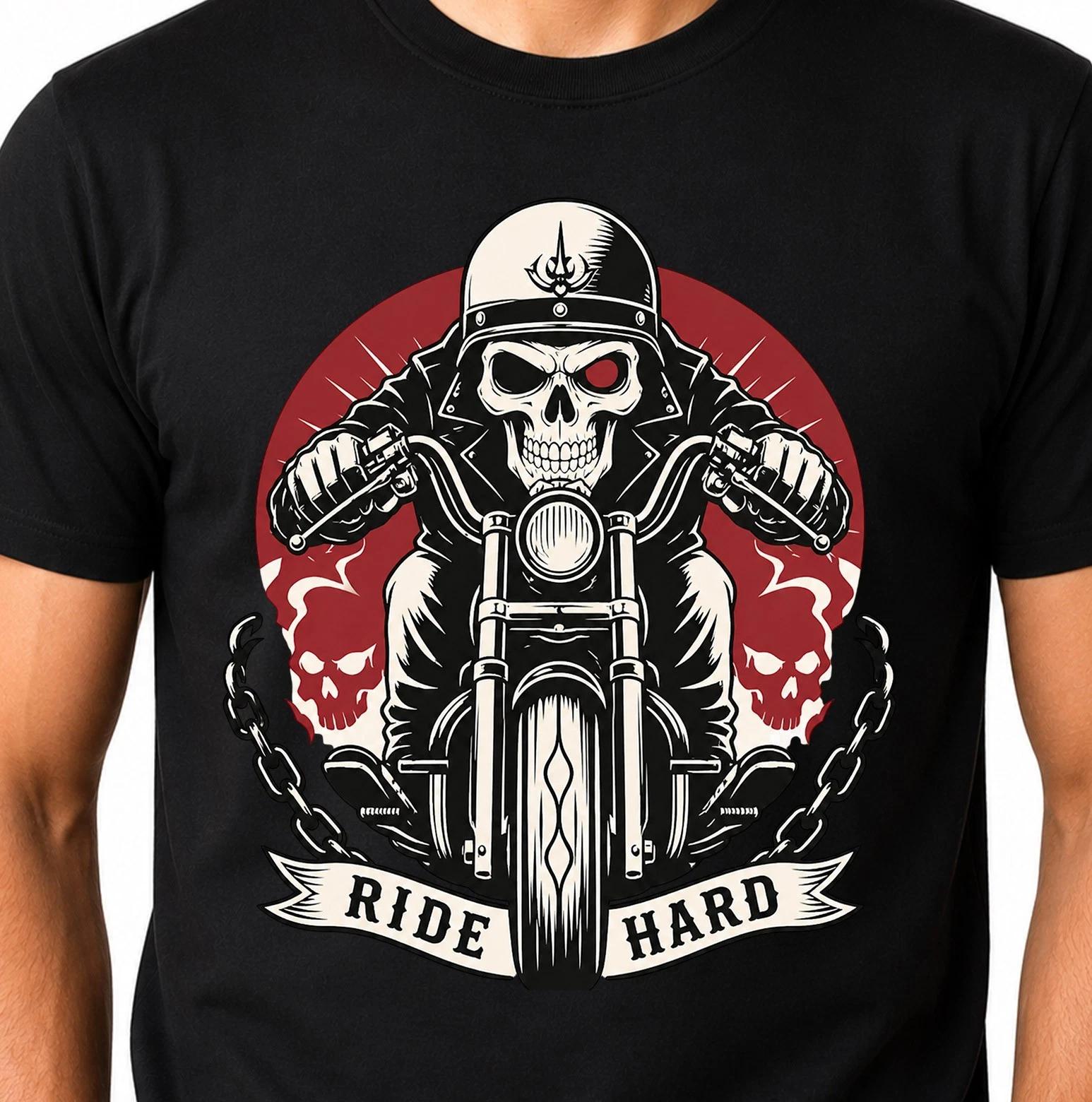Skull Biker T-Shirt Ride Hard Motorcycle Chopper Skeleton Rider Graphic Tee. XXXXL