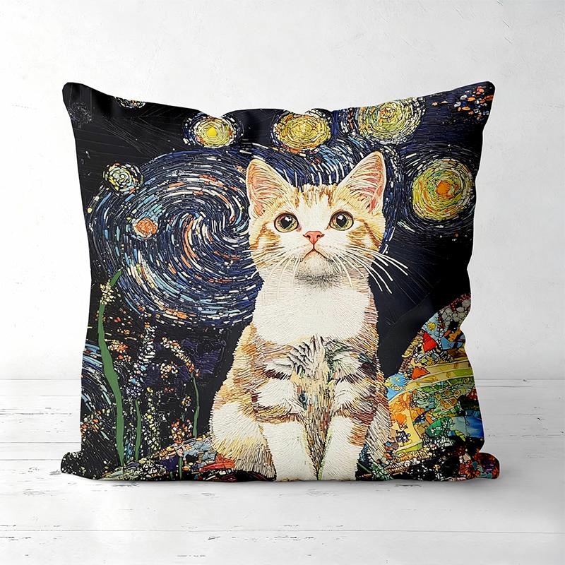 

Van Gogh Style Cat Printed Decorative Throw Pillow Polyester pillowcase sofa decorative cushion cov Headboard Pillow 40cmx40cm