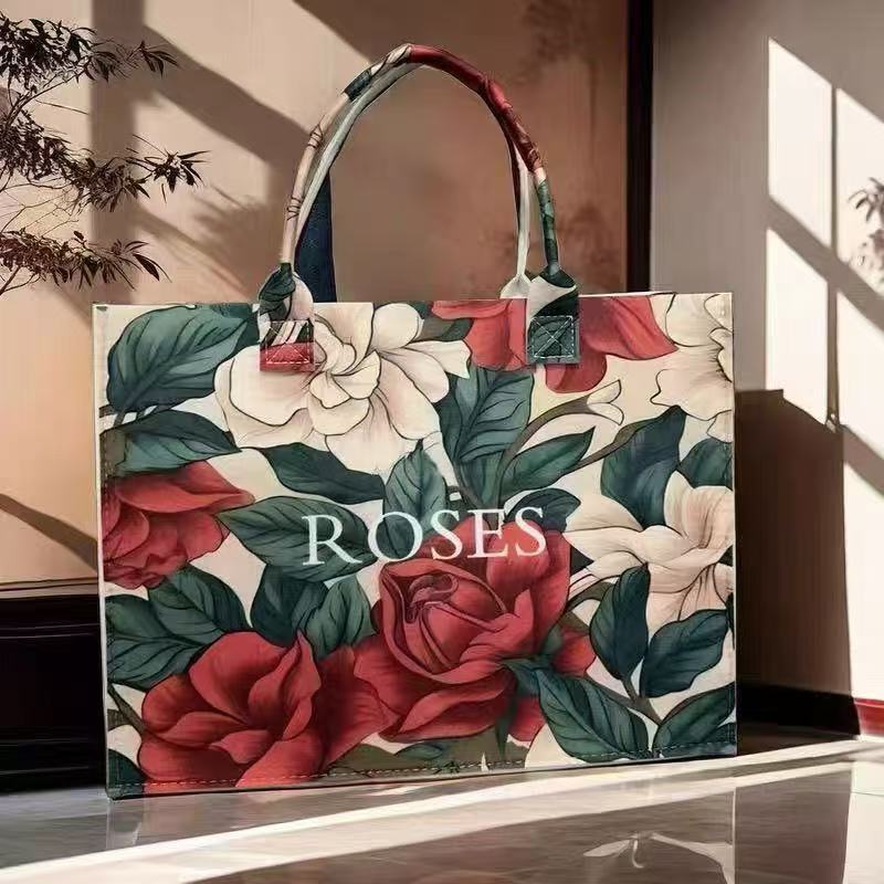 Women'S Large Flral Tote Bag Ladies Spacious Pink Roses Green Leaves Design Mother'S Day Gift Birthday Present Shopping Casual Print Handbag