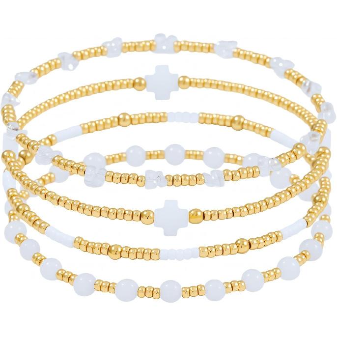 Dainty Gold Plated Pearl Crystal Beaded Bracelets Set for Women 14K Gold Plated Bead Pearl Beads Bracelet Stackable Paperclip Link Chain Bracelets