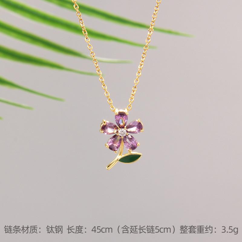 High Grade Zircon Leaf Flower Pendant Necklace Stainless Steel Plant Charms Choker Jewelry Party Gifts For Women Girls
