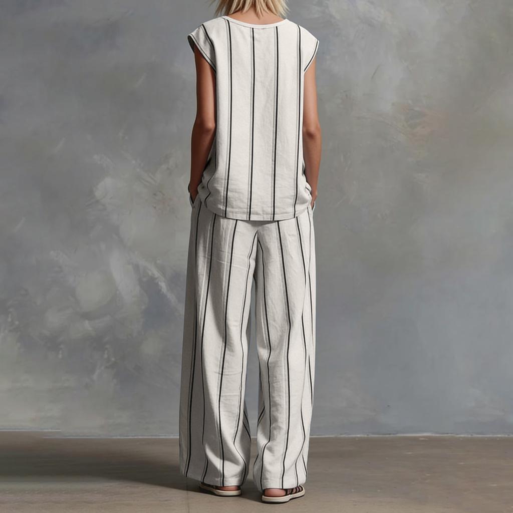 Ladies' Fashionable Casual V-neck Striped Top And Casual Pants Two-piece Set